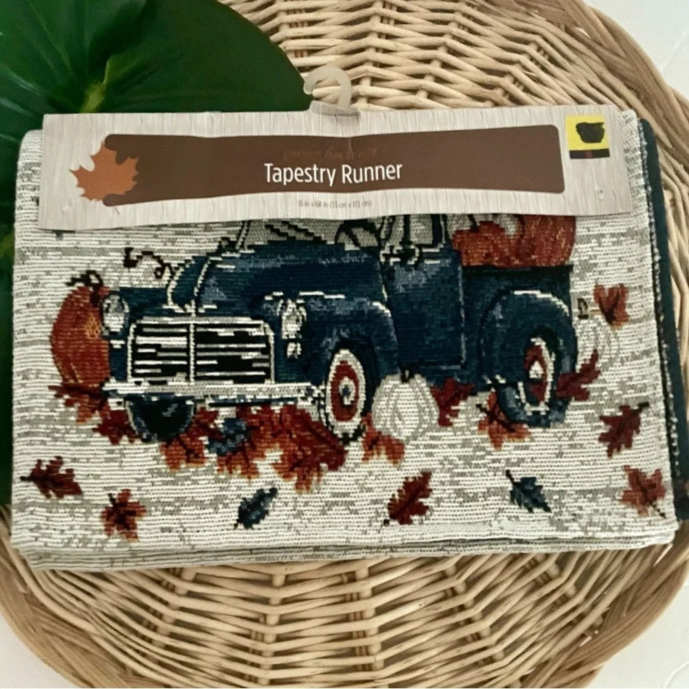 Fall Perfect Harvest Blue Truck Tapestry Table Runner Autumn Leaves NWT
